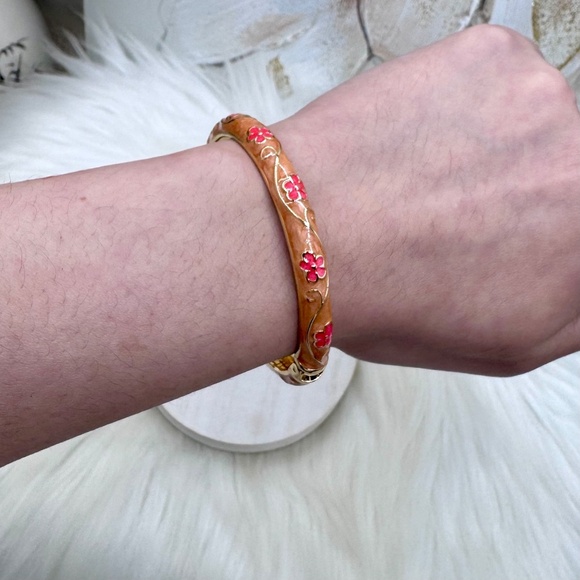 Pink Floral & Brown Enamel Cloisonne Bracelet Bangle - Picture 7 of 8